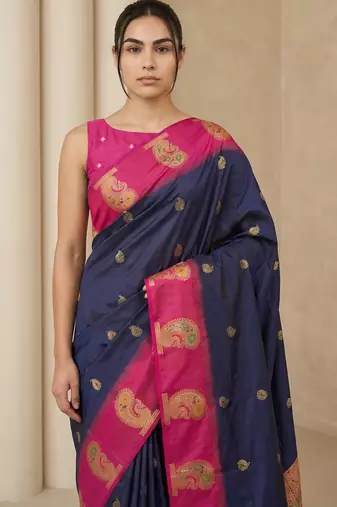 Navy blue gold paisley zari motifs rich silk blend fabric elegant festive & wedding wear contrast border