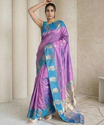 Lavender gold paisley zari motifs rich silk blend fabric elegant festive & wedding wear contrast border 4