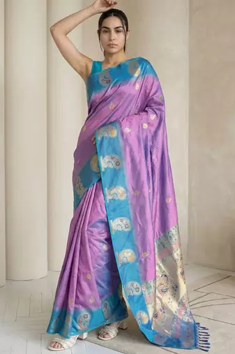 Lavender gold paisley zari motifs rich silk blend fabric elegant festive & wedding wear contrast border