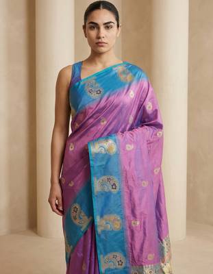 Lavender gold paisley zari motifs rich silk blend fabric elegant festive & wedding wear contrast border 5