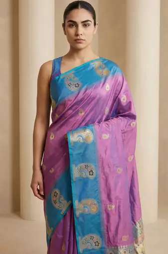 Lavender gold paisley zari motifs rich silk blend fabric elegant festive & wedding wear contrast border