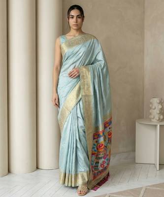 Sky blue pallu woven zari buti & traditional motifs work silk blend fabric traditional festive style 1