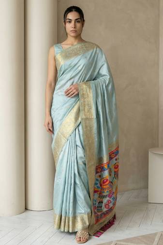 Sky blue pallu woven zari buti & traditional motifs work silk blend fabric traditional festive style