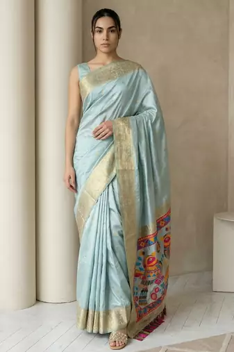Sky blue pallu woven zari buti & traditional motifs work silk blend fabric traditional festive style