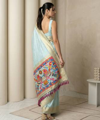 Sky blue pallu woven zari buti & traditional motifs work silk blend fabric traditional festive style 2