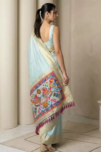 Sky blue pallu woven zari buti & traditional motifs work silk blend fabric traditional festive style