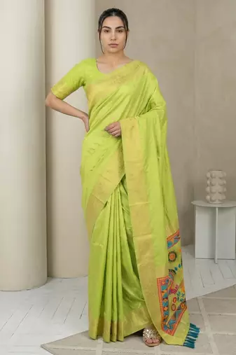 Light parrot green pallu woven zari buti & traditional motifs work silk blend fabric traditional festive style