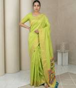 Light parrot green pallu woven zari buti & traditional motifs work silk blend fabric traditional festive style