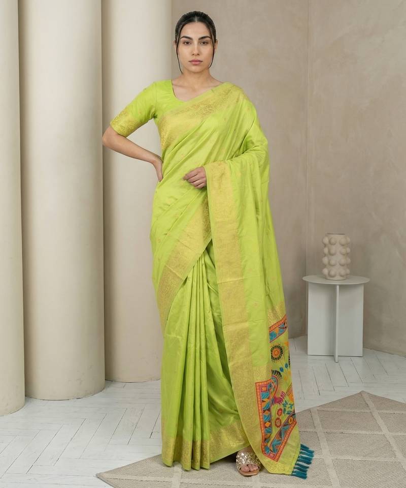 Light parrot green pallu woven zari buti & traditional motifs work silk blend fabric traditional festive style