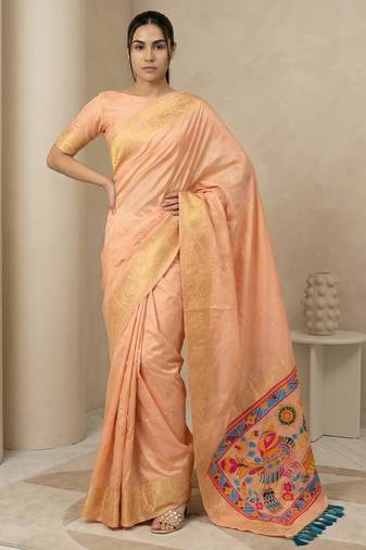 Light peach pallu woven zari buti & traditional motifs work silk blend fabric traditional festive style