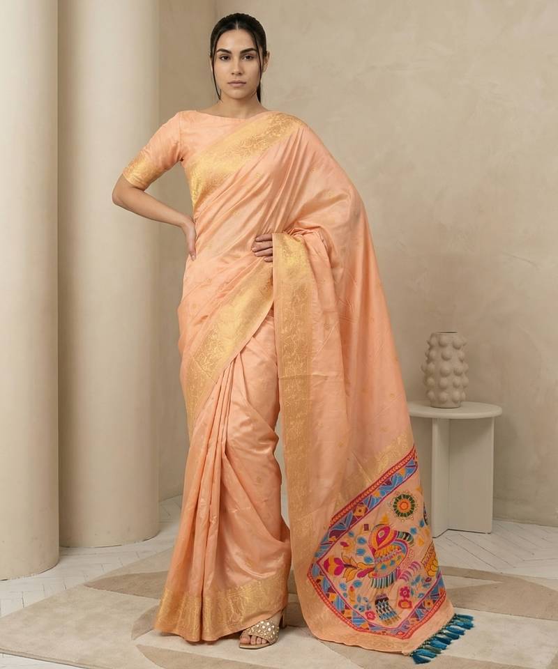 Light peach pallu woven zari buti & traditional motifs work silk blend fabric traditional festive style