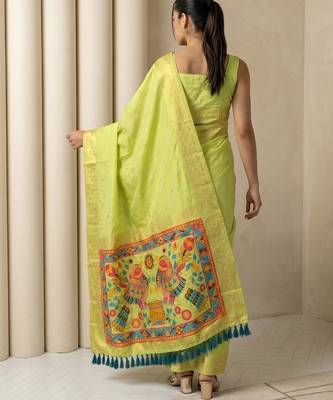 Light parrot green pallu woven zari buti & traditional motifs work silk blend fabric traditional festive style 2