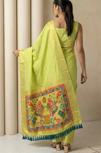 Light parrot green pallu woven zari buti & traditional motifs work silk blend fabric traditional festive style