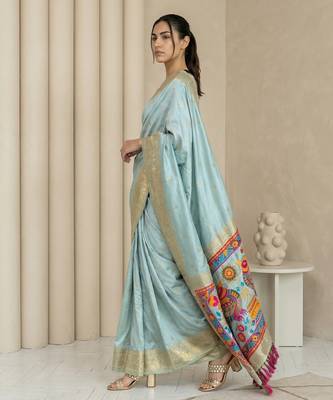 Sky blue pallu woven zari buti & traditional motifs work silk blend fabric traditional festive style 3