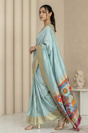 Sky blue pallu woven zari buti & traditional motifs work silk blend fabric traditional festive style