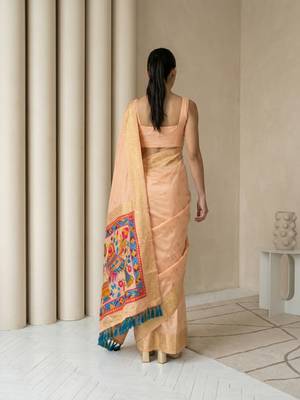 Light peach pallu woven zari buti & traditional motifs work silk blend fabric traditional festive style 2