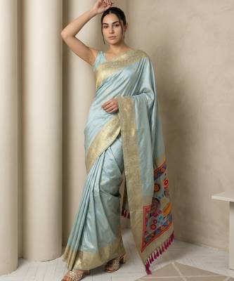 Sky blue pallu woven zari buti & traditional motifs work silk blend fabric traditional festive style 4