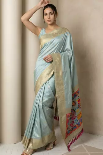 Sky blue pallu woven zari buti & traditional motifs work silk blend fabric traditional festive style