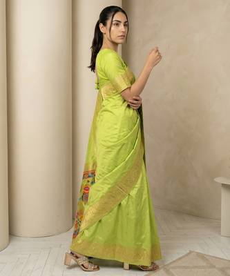 Light parrot green pallu woven zari buti & traditional motifs work silk blend fabric traditional festive style 3