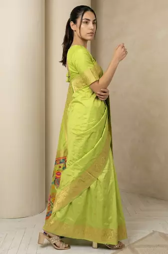 Light parrot green pallu woven zari buti & traditional motifs work silk blend fabric traditional festive style