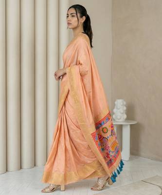 Light peach pallu woven zari buti & traditional motifs work silk blend fabric traditional festive style 3