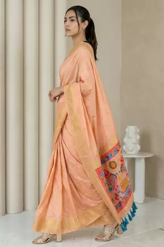 Light peach pallu woven zari buti & traditional motifs work silk blend fabric traditional festive style