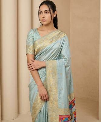 Sky blue pallu woven zari buti & traditional motifs work silk blend fabric traditional festive style 5