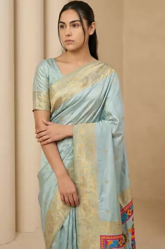 Sky blue pallu woven zari buti & traditional motifs work silk blend fabric traditional festive style