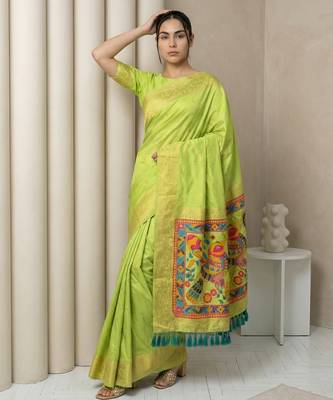 Light parrot green pallu woven zari buti & traditional motifs work silk blend fabric traditional festive style 4
