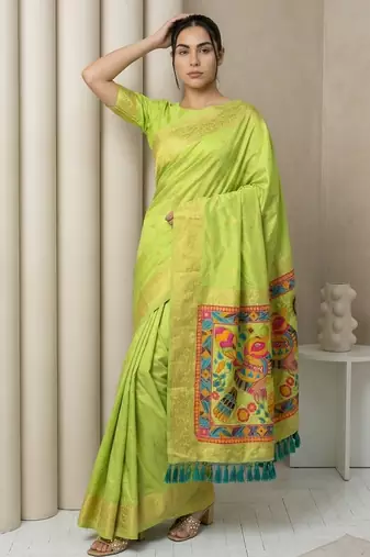 Light parrot green pallu woven zari buti & traditional motifs work silk blend fabric traditional festive style