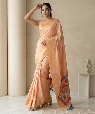 Light peach pallu woven zari buti & traditional motifs work silk blend fabric traditional festive style 4