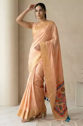 Light peach pallu woven zari buti & traditional motifs work silk blend fabric traditional festive style