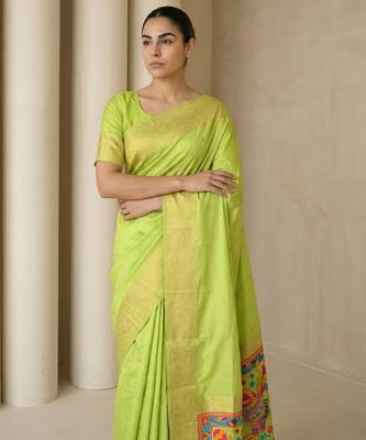Light parrot green pallu woven zari buti & traditional motifs work silk blend fabric traditional festive style 5