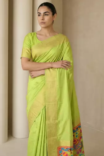 Light parrot green pallu woven zari buti & traditional motifs work silk blend fabric traditional festive style