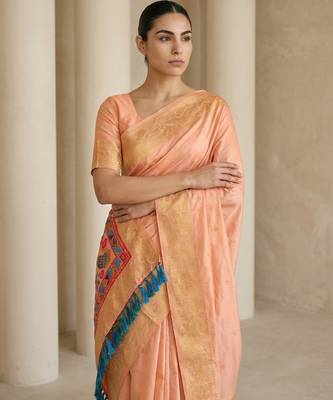 Light peach pallu woven zari buti & traditional motifs work silk blend fabric traditional festive style 5