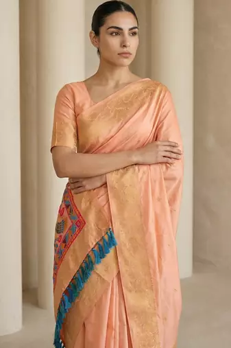 Light peach pallu woven zari buti & traditional motifs work silk blend fabric traditional festive style