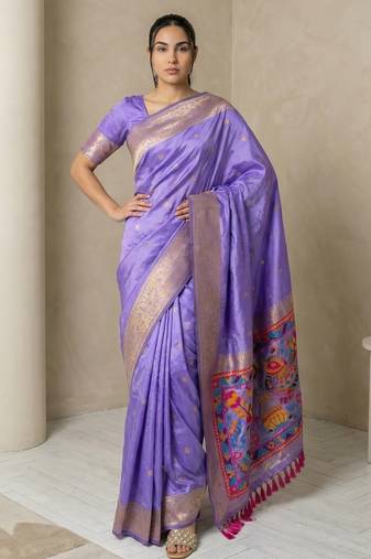 Light purple pallu woven zari buti & traditional motifs work silk blend fabric traditional festive style