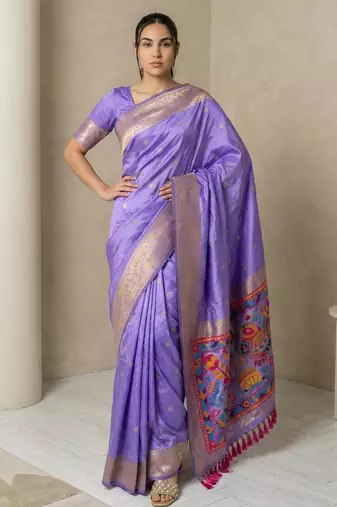Light purple pallu woven zari buti & traditional motifs work silk blend fabric traditional festive style