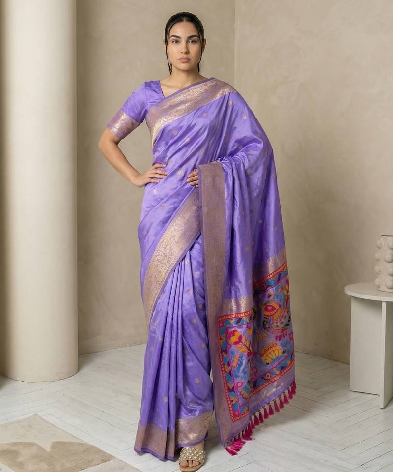 Light purple pallu woven zari buti & traditional motifs work silk blend fabric traditional festive style