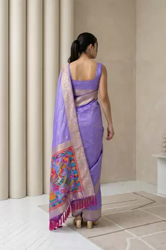 Light purple pallu woven zari buti & traditional motifs work silk blend fabric traditional festive style