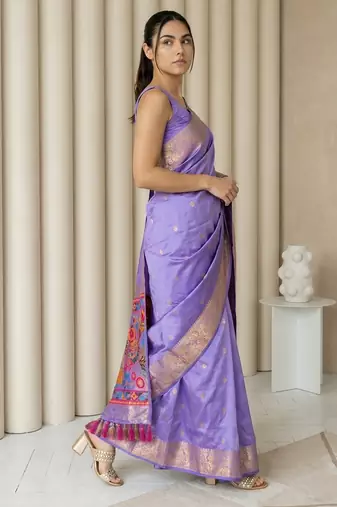 Light purple pallu woven zari buti & traditional motifs work silk blend fabric traditional festive style