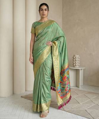 Light olive pallu woven zari buti & traditional motifs work silk blend fabric traditional festive style 1