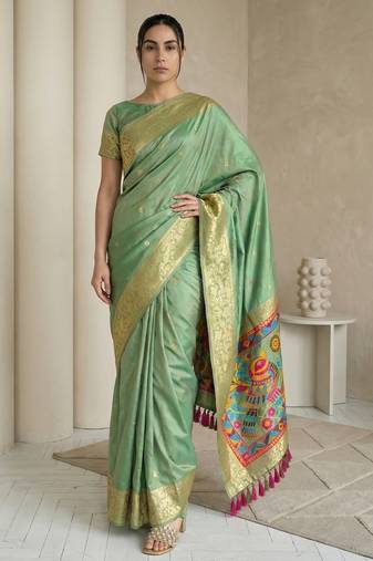 Light olive pallu woven zari buti & traditional motifs work silk blend fabric traditional festive style