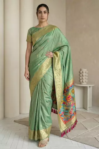 Light olive pallu woven zari buti & traditional motifs work silk blend fabric traditional festive style