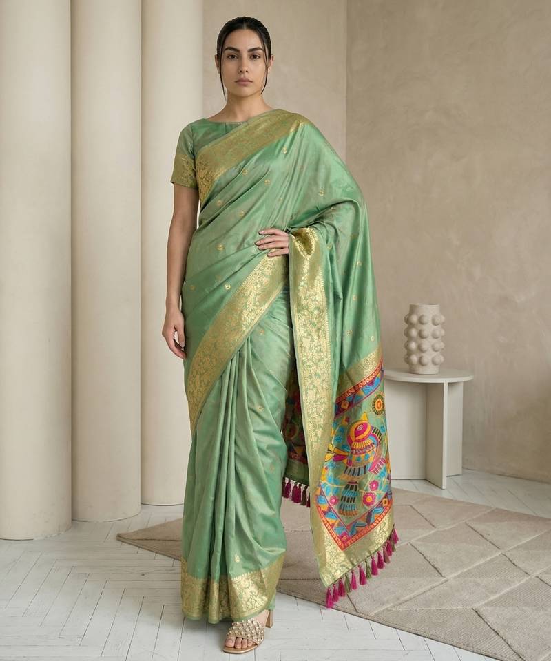 Light olive pallu woven zari buti & traditional motifs work silk blend fabric traditional festive style