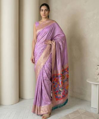 Lavender pallu woven zari buti & traditional motifs work silk blend fabric traditional festive style 1
