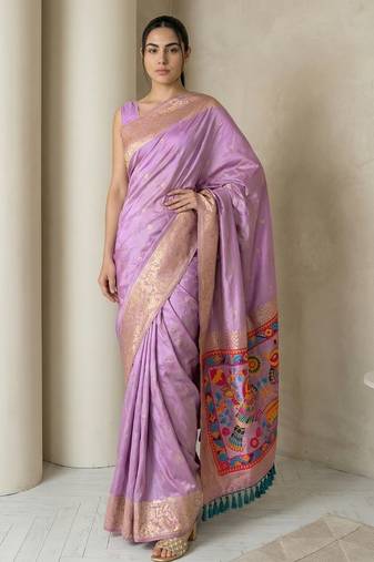 Lavender pallu woven zari buti & traditional motifs work silk blend fabric traditional festive style
