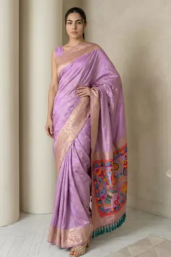 Lavender pallu woven zari buti & traditional motifs work silk blend fabric traditional festive style