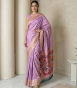 Lavender pallu woven zari buti & traditional motifs work silk blend fabric traditional festive style