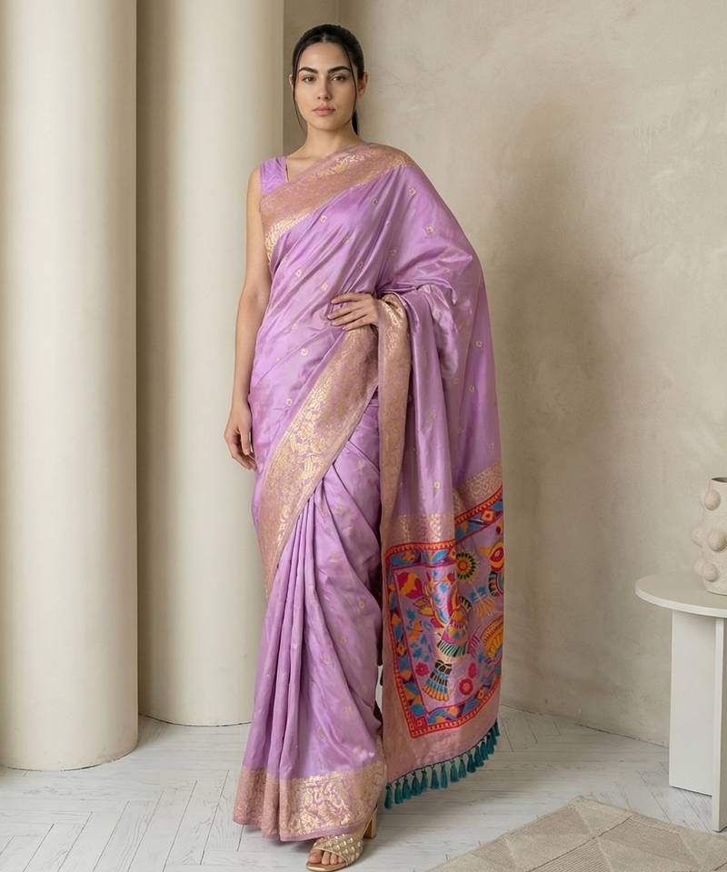 Lavender pallu woven zari buti & traditional motifs work silk blend fabric traditional festive style